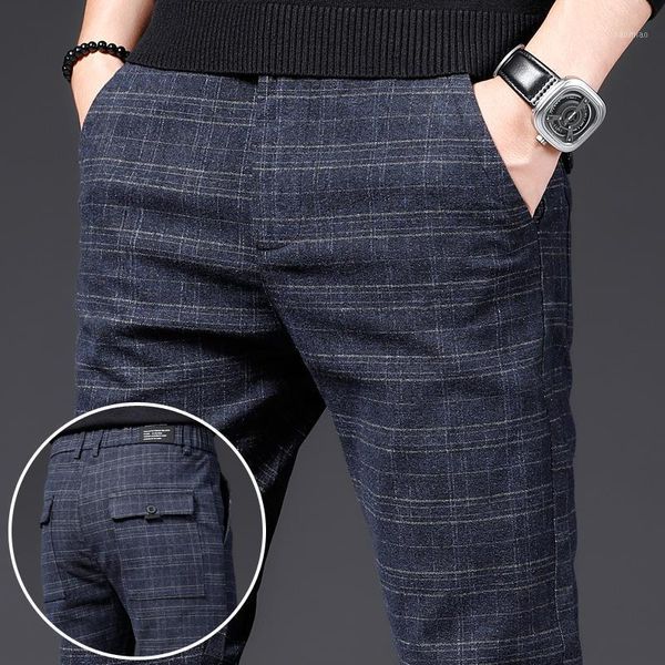 

2021 spring new men's plaid casual pants high-end brand korean style trendy stretch trousers youth loose straight-leg slim pants1, Black