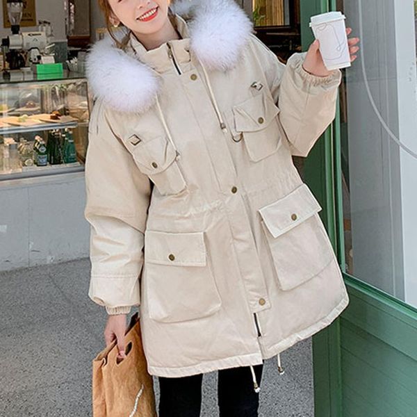 

women's down & parkas fur-collar zipper coats for women winter oversize-jacket big pocket thicken windbreaker hoodie outerwear girls st, Black