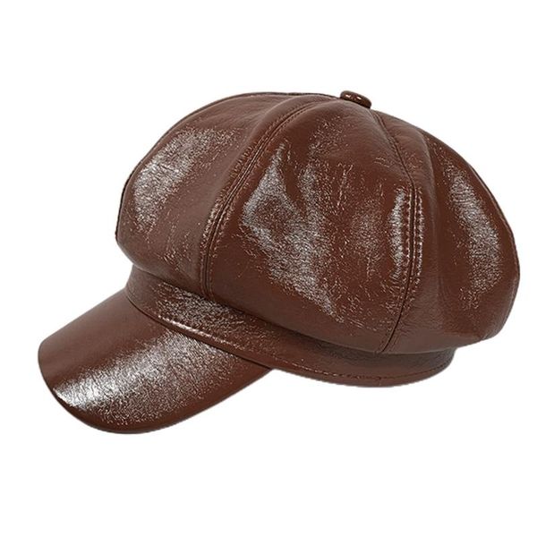 

women vintage faux patent leather beret cap solid color painter octagonal hat 2xpd, Blue;gray