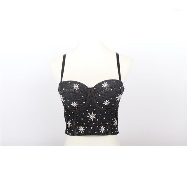 

women's 2020 summer new corset denim fashion beaded accessories adjustable straps corset party nightclub, White