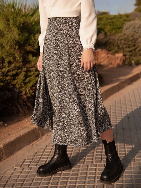 

ditsy floral zipper placket skirt k81t#, Black