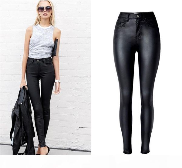 

ivyink pu leather femme shinny moto & pencil pants black high waist button ladies danim stretch full length women's jeans, Blue