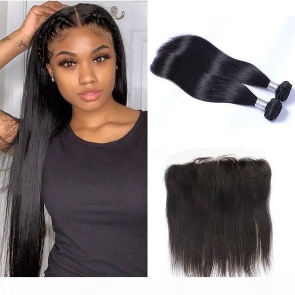 

13x4 lace frontal with 2 bundles straight peruvian human hair extensions with ear to ear frontal closure, Black;brown