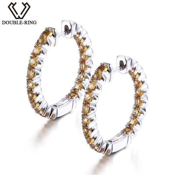 

hoop & huggie double-r genuine natural citrine earrings for women real 100% 925 sterling silver fine wedding jewelry, Golden;silver