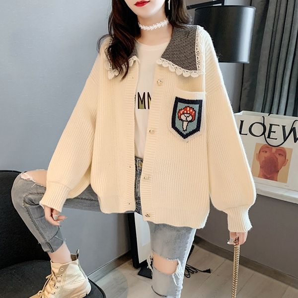 

2021 new embroidered doll necklace women's sweater autumn lazying style single amendment mesh cardigan fashion s7ah, White;black