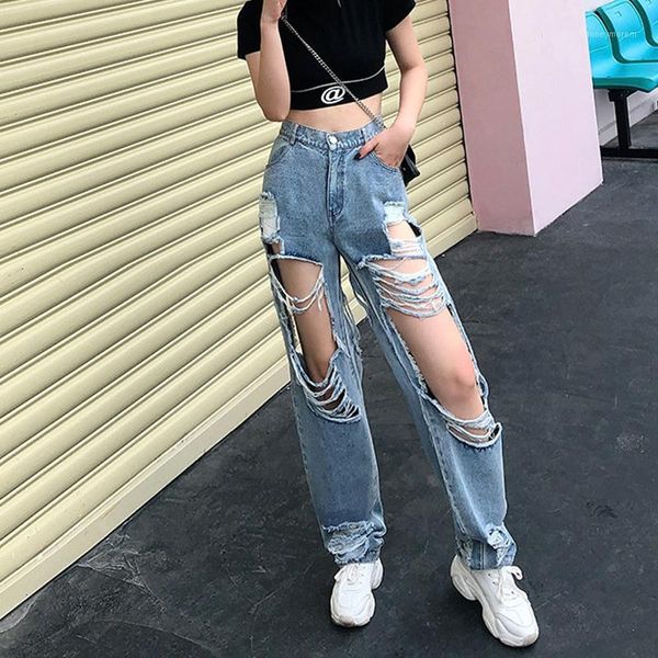 

women's jeans 2021 ripped for women big hole hollow out design punk cool denim pants high waist trousers bottoms1, Blue