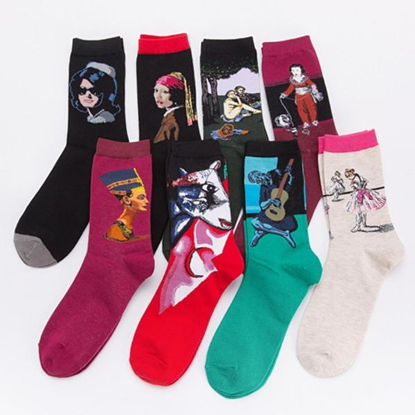 

men socks funny cartoon oil painting harajuku colorful happy personality street style hip hop skate ventilation cotton socks1, Black
