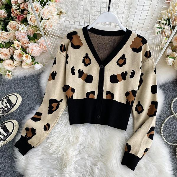 

vintage leopard print cardigans v-neck women 2020 fall winter sweater slim cropped korean japan style coat female hk035, White