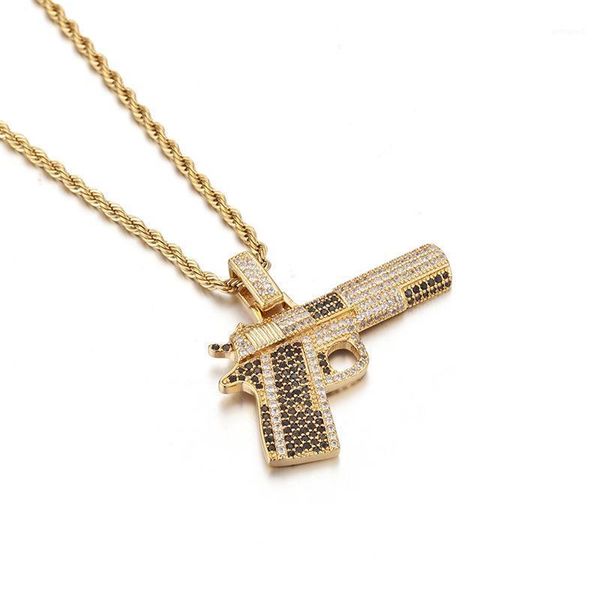

pendant necklaces hip hop micro paved cubic zirconia bling out automatic pistol gun pendants for men rapper jewelry gold color1, Silver