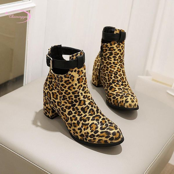 

boots street style round toe flock ankle fashion buckle zipper black leopard medium with thick riding women's shoes