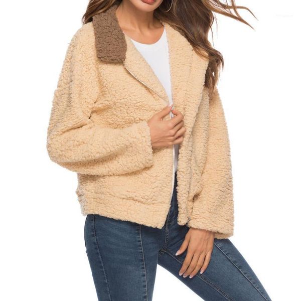 

faux fur coat women autumn winter fluffy teddy jacket coat plus size long sleeve outerwear turn down short female#y41, Black