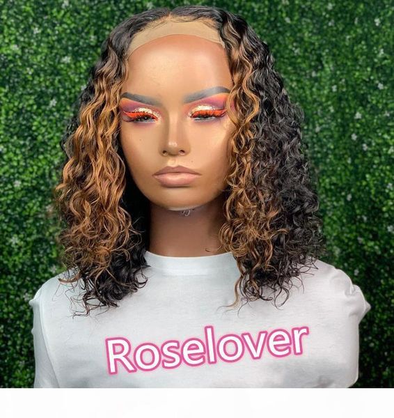 

roselover human hair wigs 180% ombre highlight honey blonde colored brazilian remy hair preplucked 4x4 lace closure wig, Black;brown