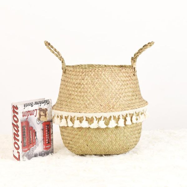 

2021 new handmade bamboo storage baskets foldable laundry straw patchwork wicker rattan seagrass belly garden flower pot