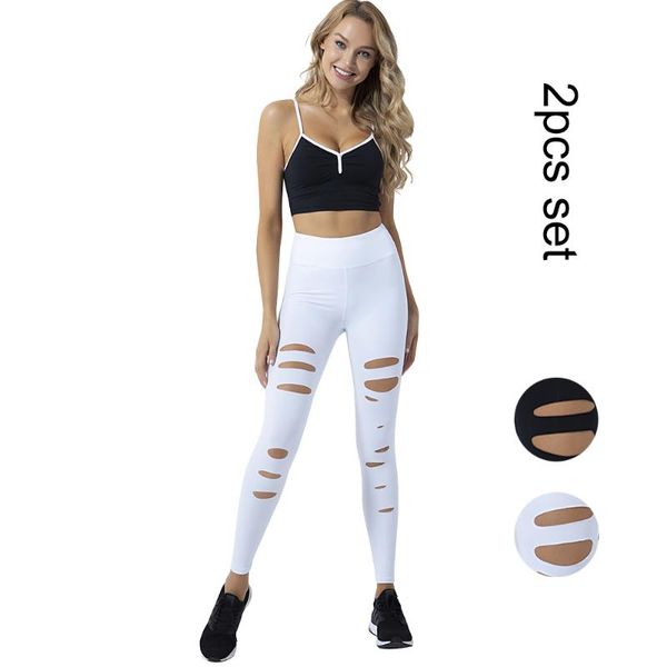 

gym clothing women yoga set color block bra and leggings holes fashion 2pcs workout daily suits, White;black