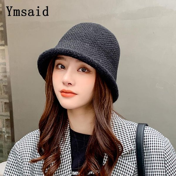 

new woman winter knitted fisherman hat panama solid color woolen bucket cap girl outdoor casual warm short brim sun hat, Blue;gray