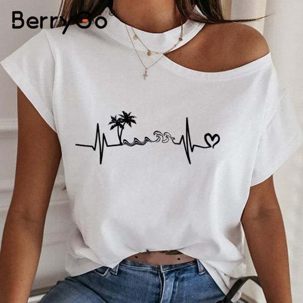 

women's t-shirt berrygo casual short sleeve women white strapless irregular t shirt spring summer slim ladies halter tee