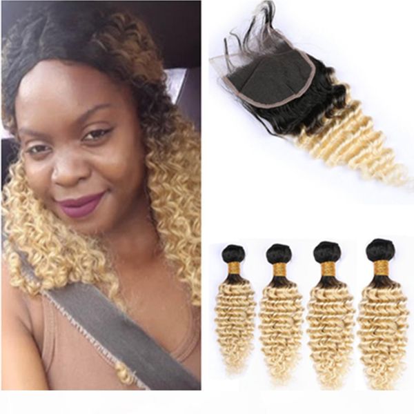 

blonde ombre bundles and closure #1b 613 dark root hair extensions peruvian loose wave ombre blonde weave human hair 4 bundles with closure, Black;brown