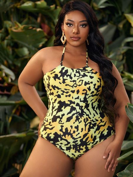 

plus allover print halter one piece swimsuit h3pw#, Black