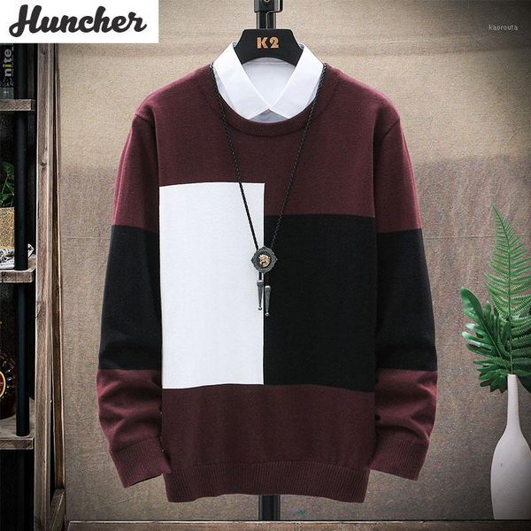 

huncher mens pullover sweater men 2020 korean style fashion jumper slim fit o-neck patchwork vintage knitted brown sweaters men1, White;black