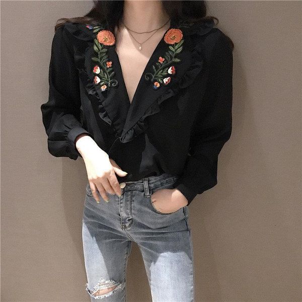 

sweet embroidery roses v neck new arrival stylish office ladies autumn women all match ruffles ol streetwear shirts, White