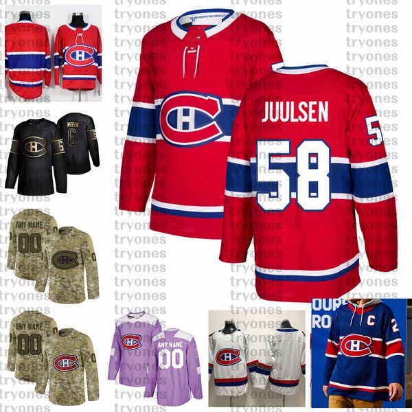 

2021 reverse retro customize #58 noah juulsen montreal canadiens hockey jerseys golden edition camo veterans day fights cancer custom shirt, Black;red