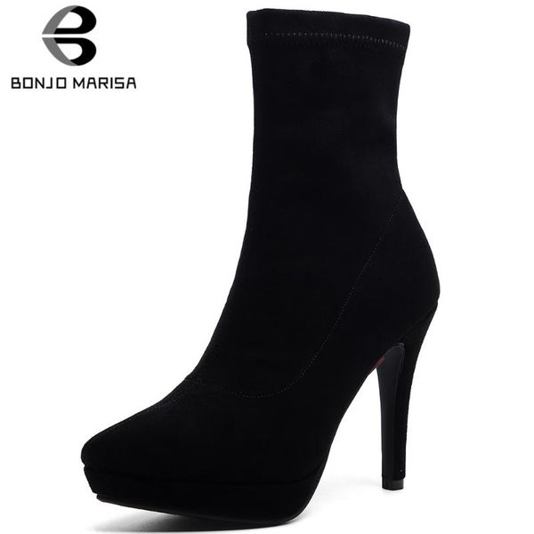 

boots bonjomarisa ladies high sock black pointed toe ankle platform women party thin heels shoes woman
