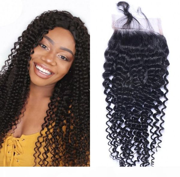 

brazilian virgin human hair lace closure kinky curly 4x4 closures piece bleached knots with baby hair, Black;brown