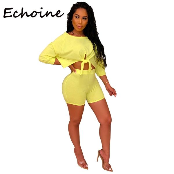 

echoine 2 piece set women tracksuit front tie shorts crop + pants summer clothes for women outfits 3 solid color t200603, White