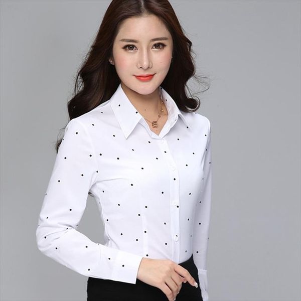 

мода корейских женщин блузки весна длинным рукавом dot женщины рубашки 3xl женский offics lady работа топы blusas mujer de moda, White