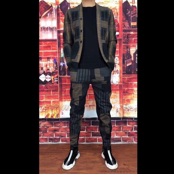 

men's pants men's autumn and winter color plaid casual small feet versatile stretch multi-case bundle leg harem, Black