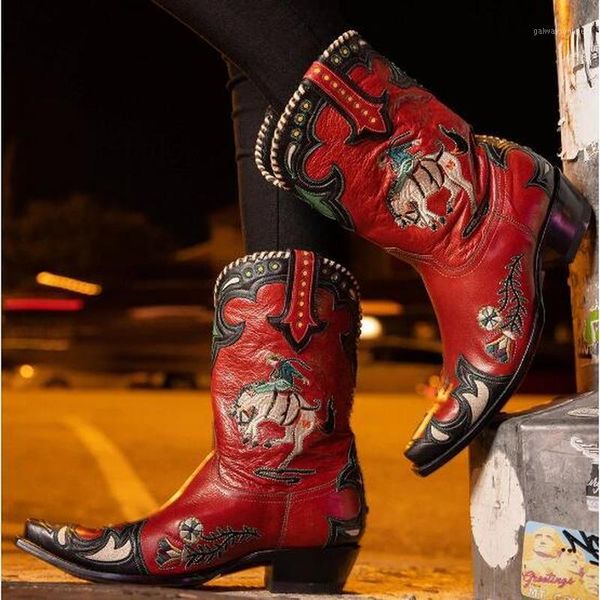 

boots women mid-calf mid heels shoes woman booties vintage pu leather embroidery shoe chaussures femme zapatos mujer sapatonh1311, Black