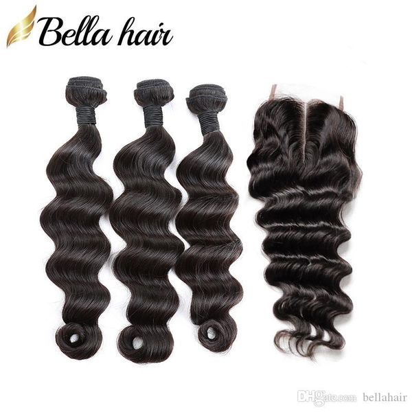 

bella hair 100% unprocessed human virgin hair bundles with closure 4x4 loose deep brazilian hair 3 bundles and closure 4pcs lot, Black