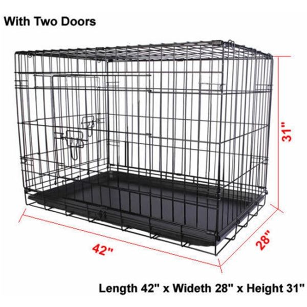 

folding 42'' crate 2 pet doors dog wire cat cage suitcase kennel playpen w/ tray