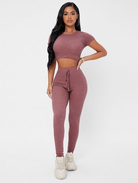 

petite waffle knit crop tee & tie waist leggings set 5943#, White