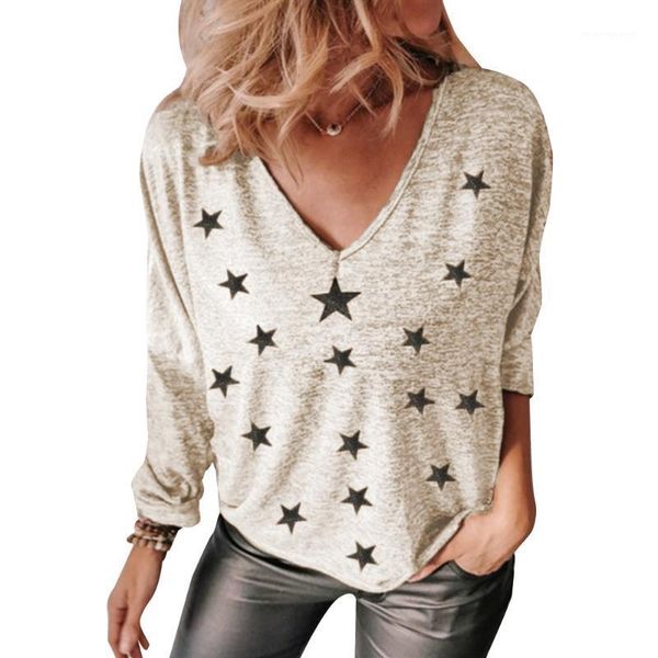 

womens loose v-neck pullover ladies oversized printing t-shirt female long sleeve tees casual 1, White