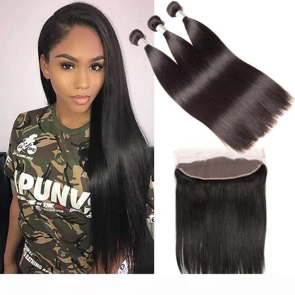

mongolian human hair 13x4 lace frontal silky straight 95-100g piece bundles with 13x4 frontal natural color hair wefts with closure, Black;brown
