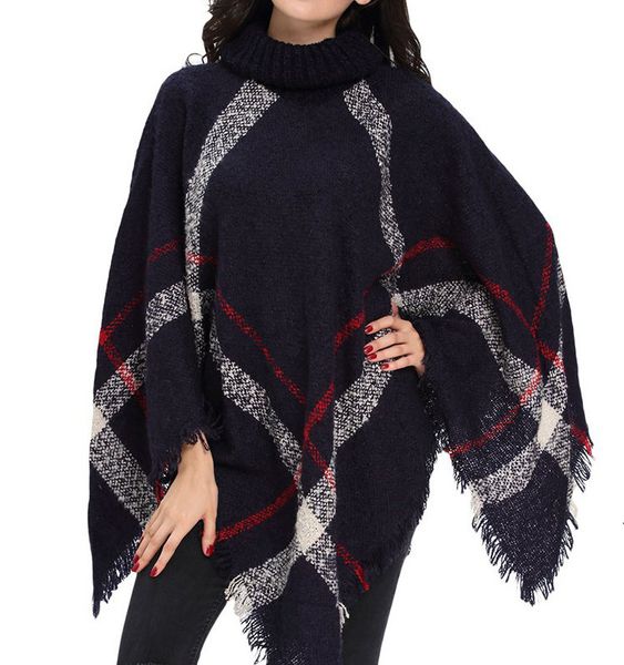 

new women wool plaid cardiganturtleneck cape batwing sleeve knit poncho femme warm knitting shawls sweater fashion scarf, Blue;gray
