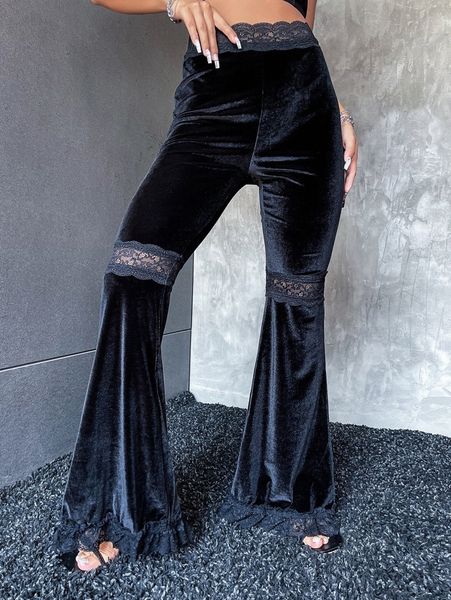 

high waist contrast lace velvet flare leg pants 16r1#, Black;white