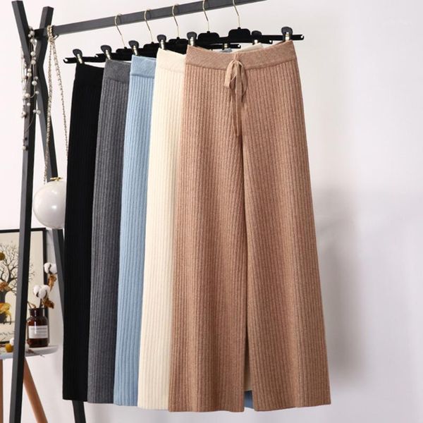 

2019 autumn winter new thick casual straight pants women female drawstring loose knitted wide leg pants casual trousers1, Black;white