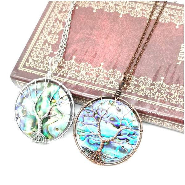 

round natural abalone shell necklaces tree of life pendants seashell necklace for women men handmade reiki charm jewel jlljys, Black