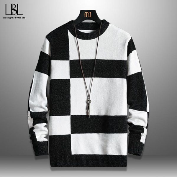 

men's sweaters casual sweater o-neck striped slim fit knittwear 2021 mens pullovers pullover men patchwork pull homme 3xl, White;black