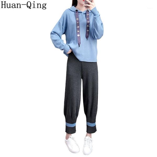 

autumn runway women knit sweatshirts loose 2 piece set hooded beading pullovers + pants two piece set knit tracksuit suit1, Gray