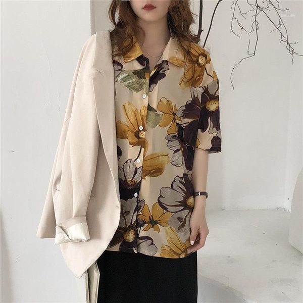 

new 2020 retro florals all match elegance sweet print shirt gentle vintage sweet women's chic short sleeves blouses1, White