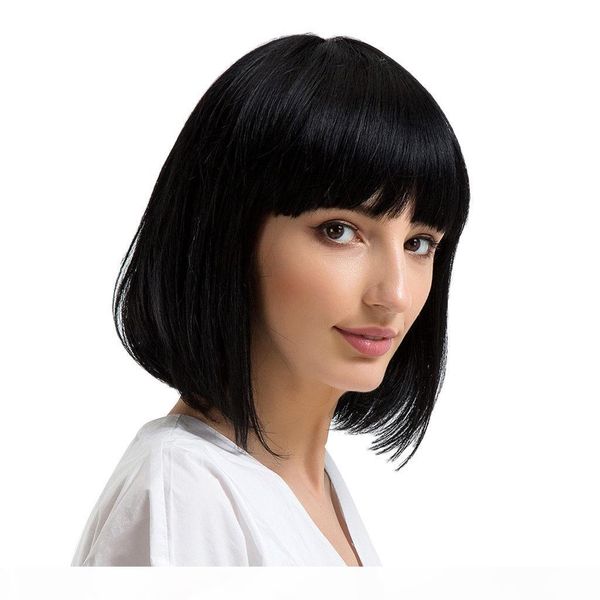 

short silky straight bob wig with bangs virgin indian human hair full lace wig bob lace front wig with bangs natural black, Black;brown
