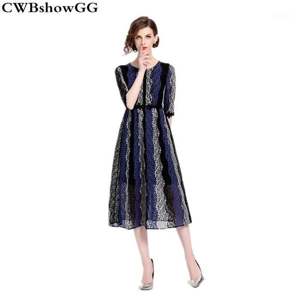 

2020 summer new arrival style women patchwork three quarter sleeve dress female o-neck slim temperament lace long striped dress1, Black;gray