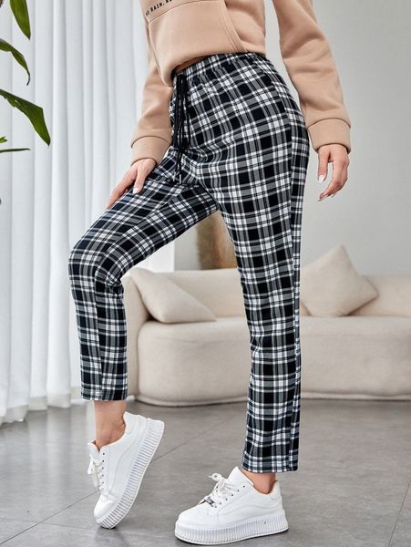 

high waist plaid knot front pants i3tc#, Black;white