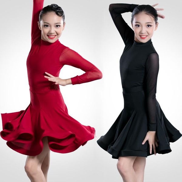 

stage wear latin dress girls dance red skirt exam show dancewear cha competition long sleeves practice clothing bi561, Black;red