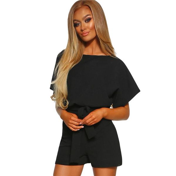 

2020 new summer women clothes short sleeve sashes o-neck solid color office playsuit jumpsuits playsuit overalls bigsweety, Black;white