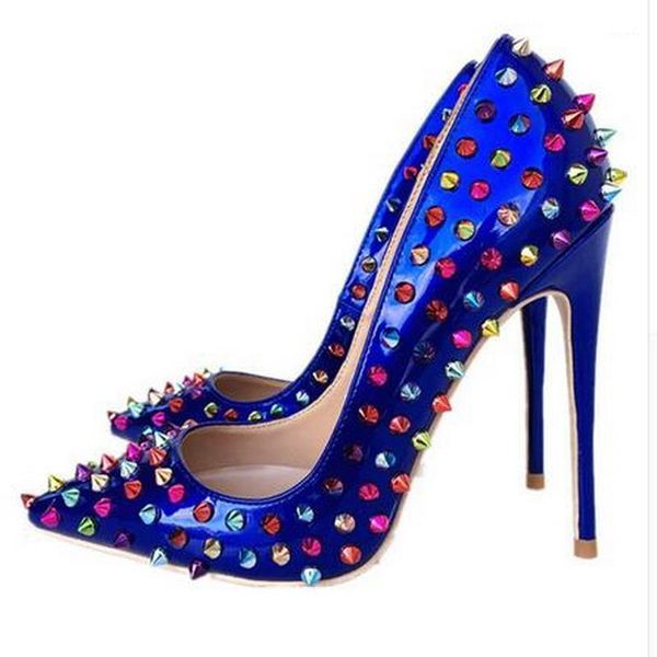 

blue patent pointed toe colorful rivets studded spiked high heel shoes thin heels dress shoes woman shallow stiletto pumps1, Black