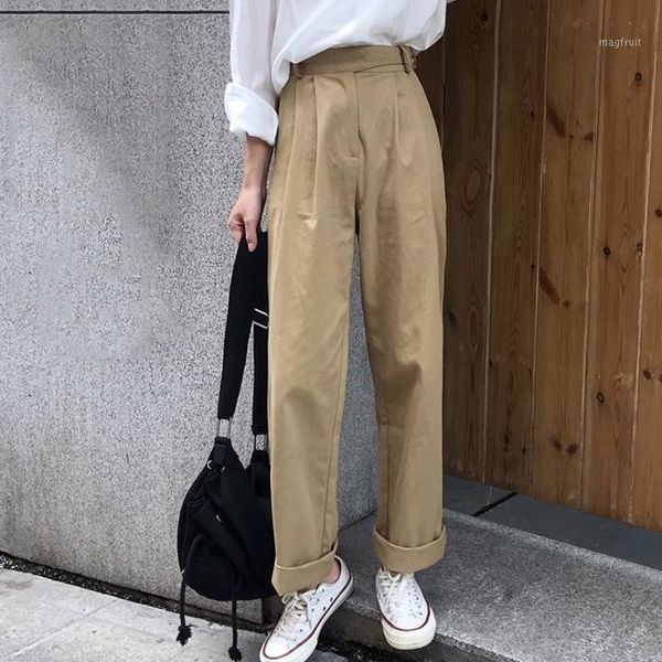 

womens high waist straight loose trousers full-length casual khaki pants cotton solid for female 2020 summer autumn new1, Black;white